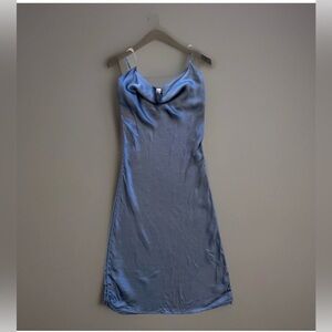 Aritzia Wilfred Dress Davina Ruched Side Cowl Neck Silky Cupro Gray Blue Sexy XS